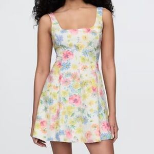 NWT GAP Sleeveless Square Neck Linen-Blend Yellow Floral Mini Dress Size M